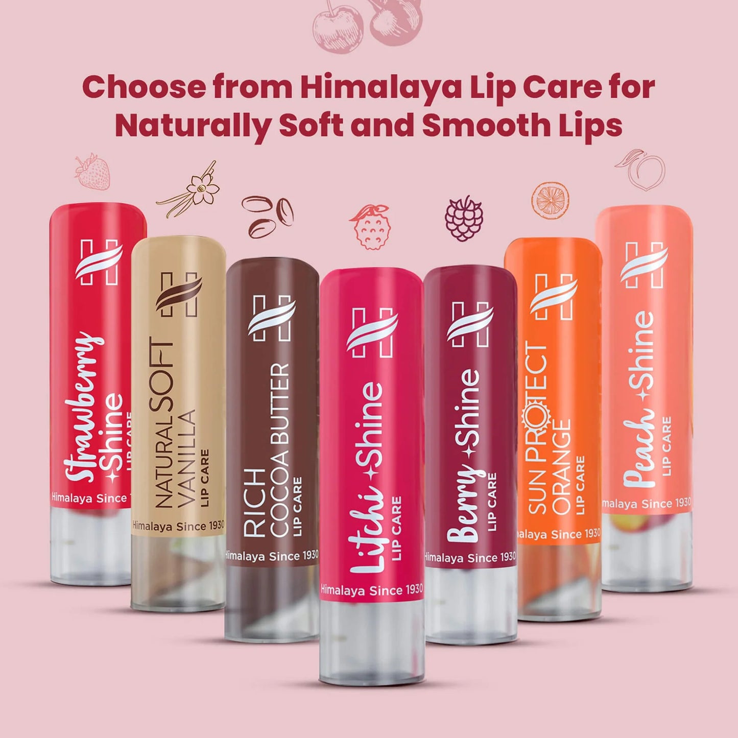 Himalaya lip care products on a pink background with product names and flavors displayed.