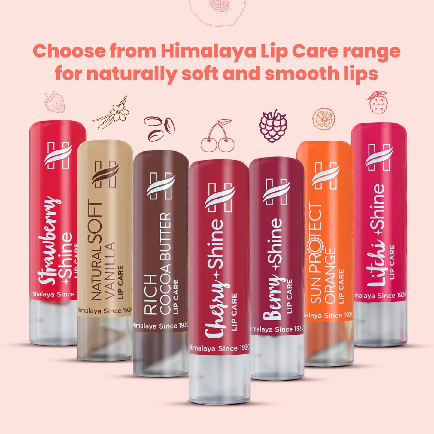 Himalaya Lip Care range with various lip balms on a pink background