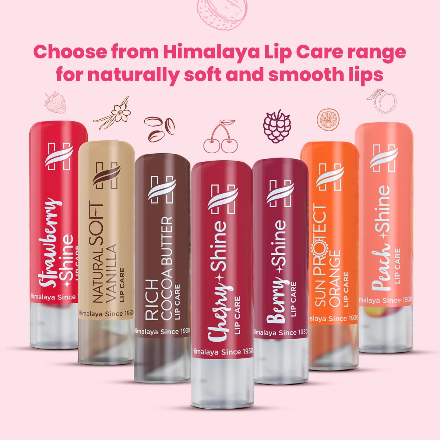 Himalaya Lip Care range with various flavors on a pink background