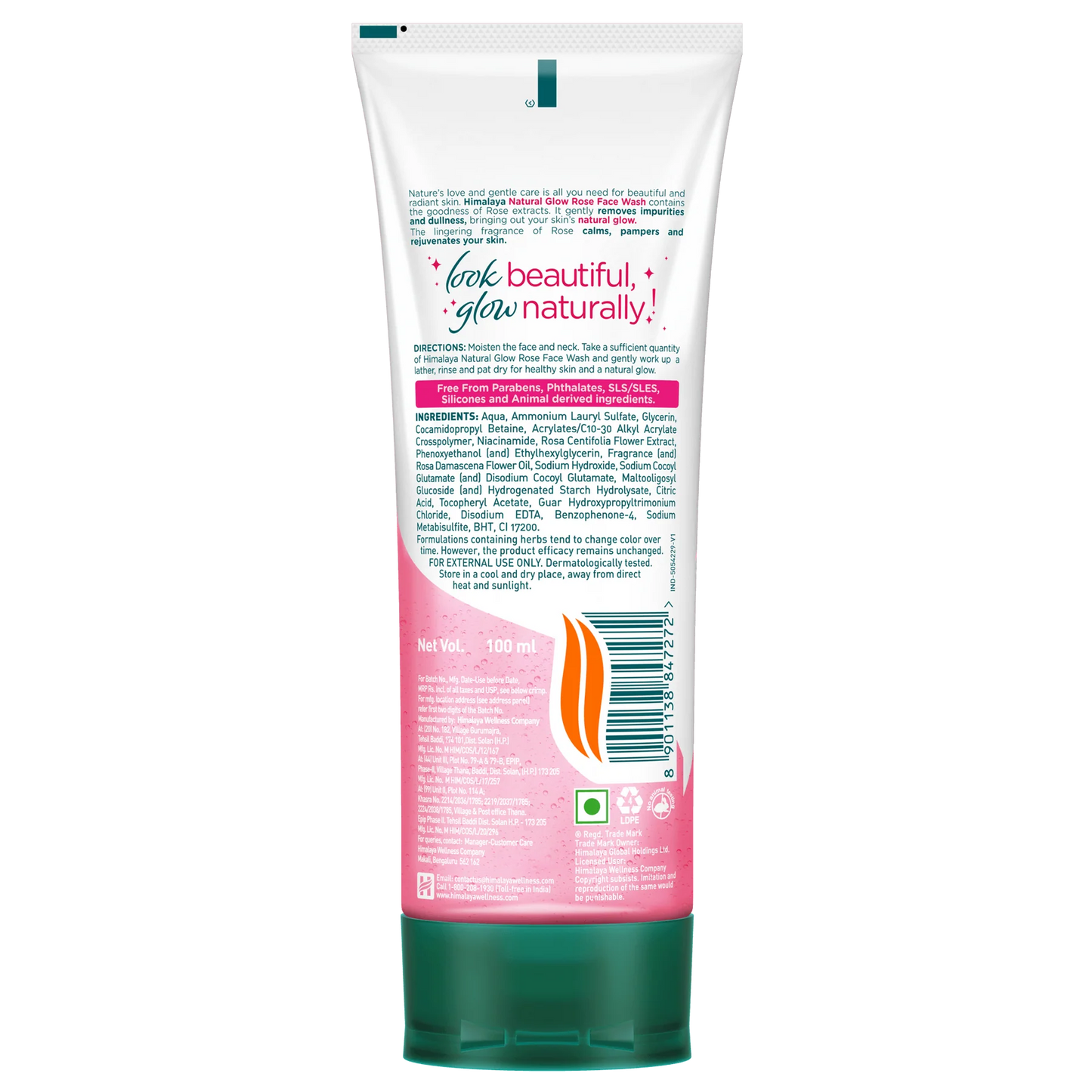 Back view of a skincare product tube with text and branding on a white background
