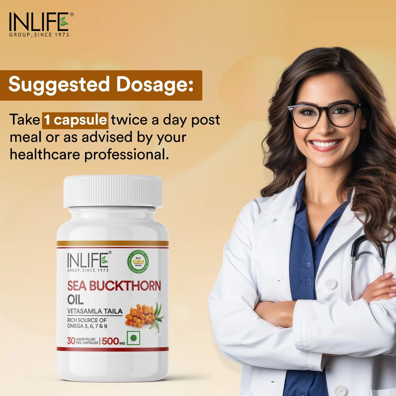 Inlife Sea Buckthorn Oil Omega 3 6 7 9 Fatty Acids Supplement | 500mg | Veg. Capsules - 5