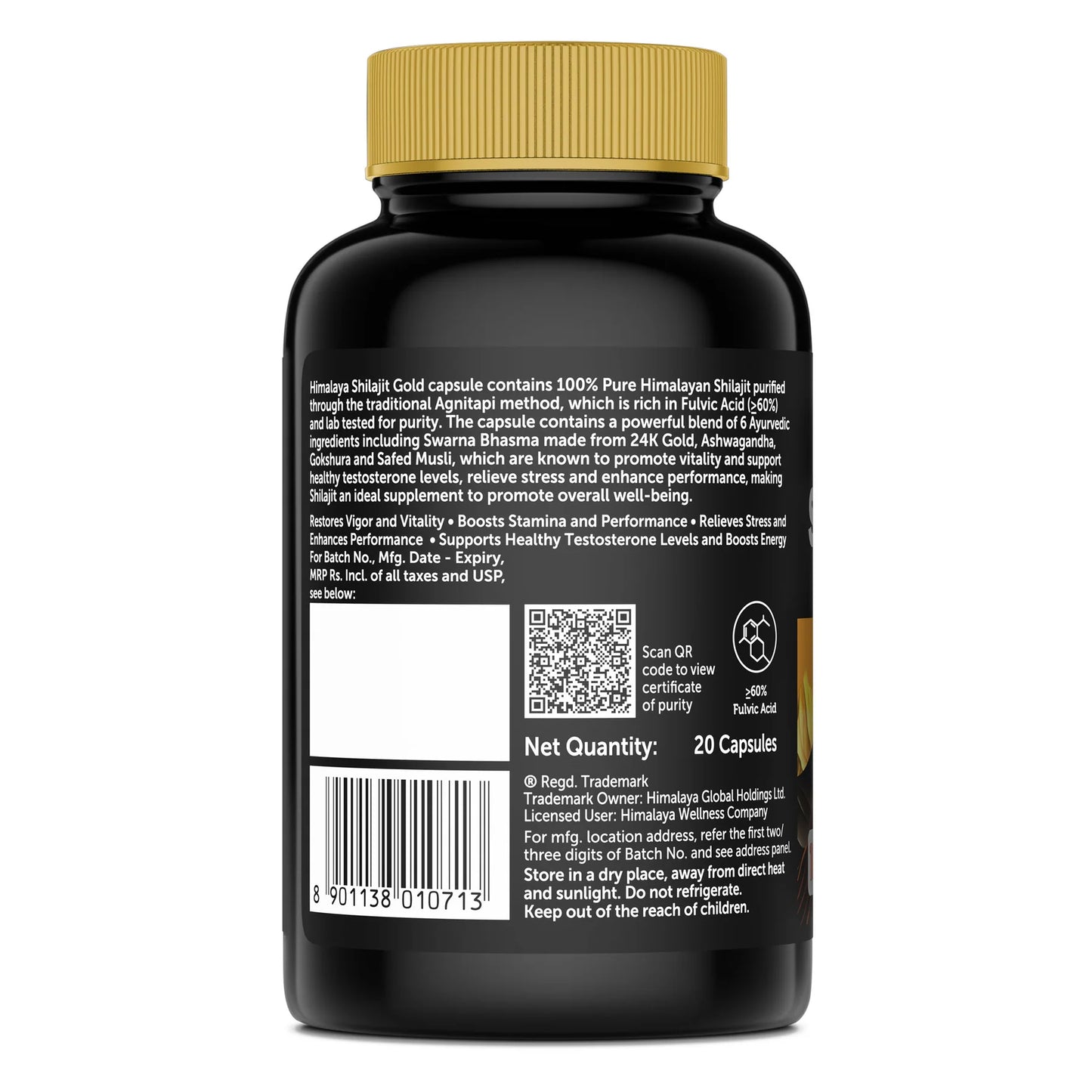 Black supplement bottle with gold cap on a white background