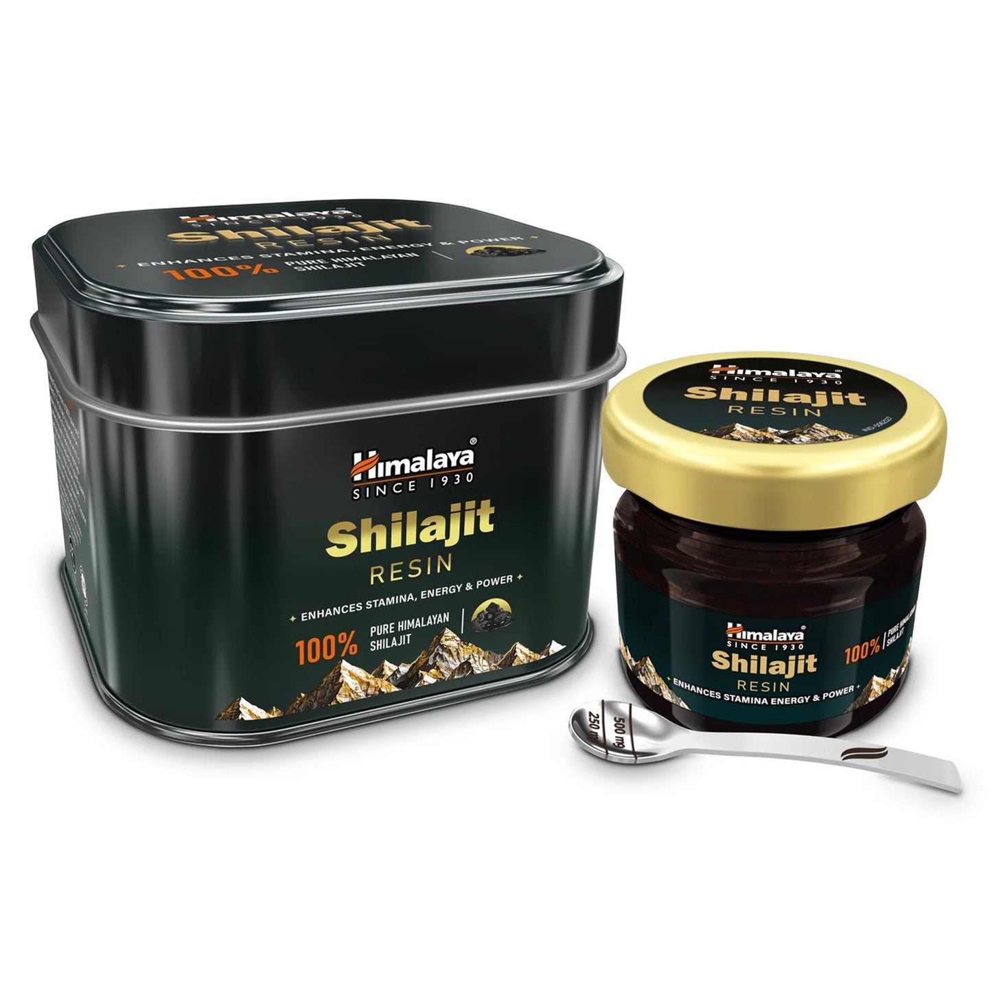 Himalaya Shilajit resin packaging with a spoon on a white background