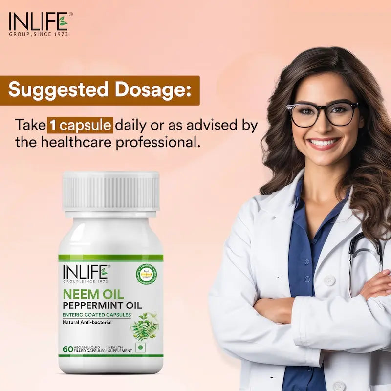 Inlife Neem & Peppermint Oil Capsules | 500mg | Enteric Coated Veg. Capsules - 4