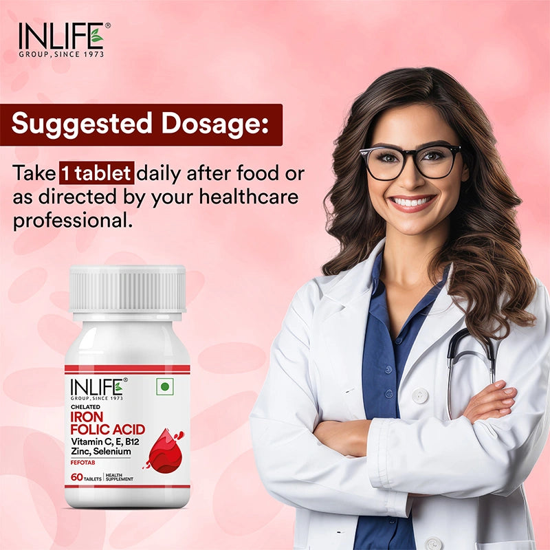 Inlife Chelated Iron Folic Acid Supplement with Vitamin C, E, B12, Zinc & Selenium 60 Tablets