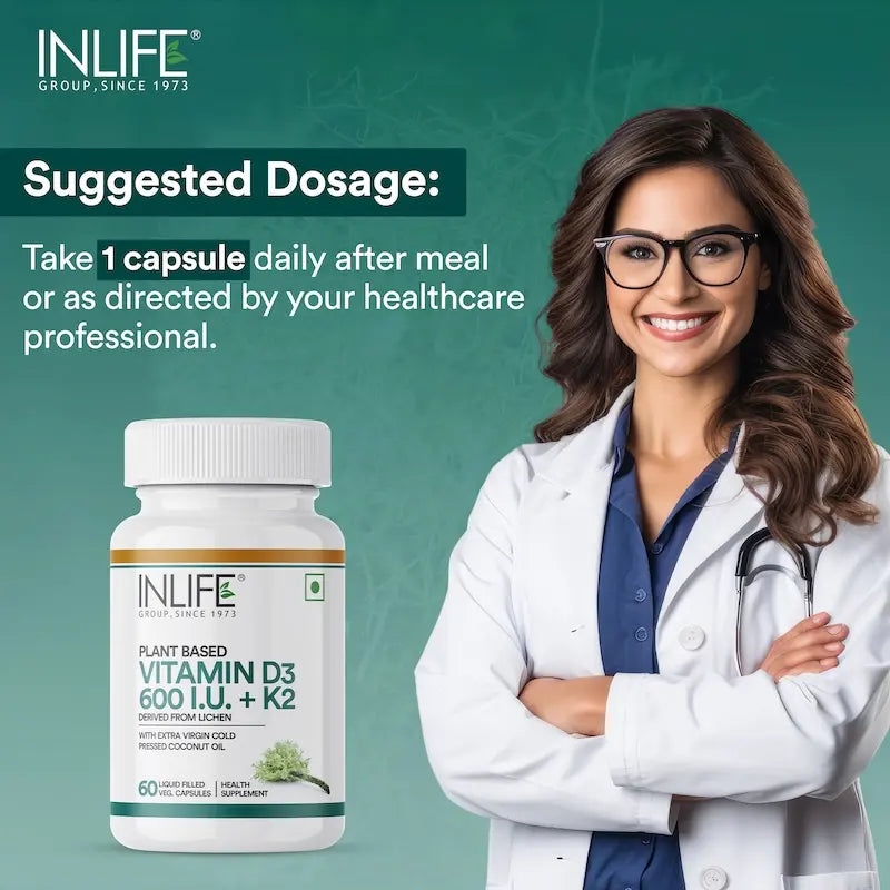 Inlife Vitamin B12 (RDA) Tablets + Vitamin D3 600 IU with K2 - MK7 Capsules | Vegeterian Combo Pack - 10
