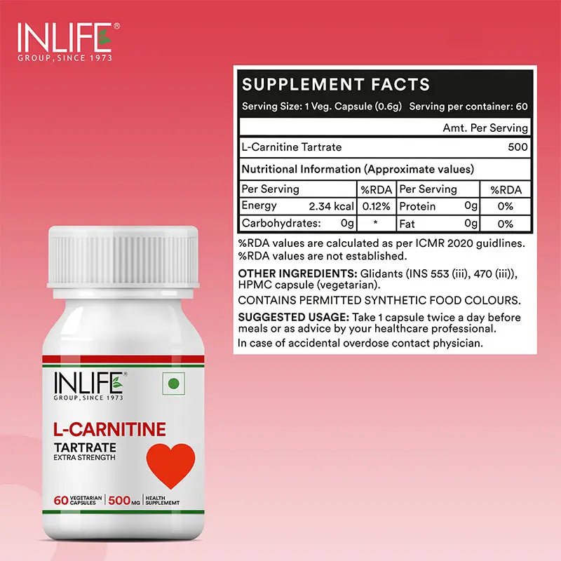 Inlife L-Carnitine L-Tartrate (500mg) Supplement | 60 Veg. Capsules