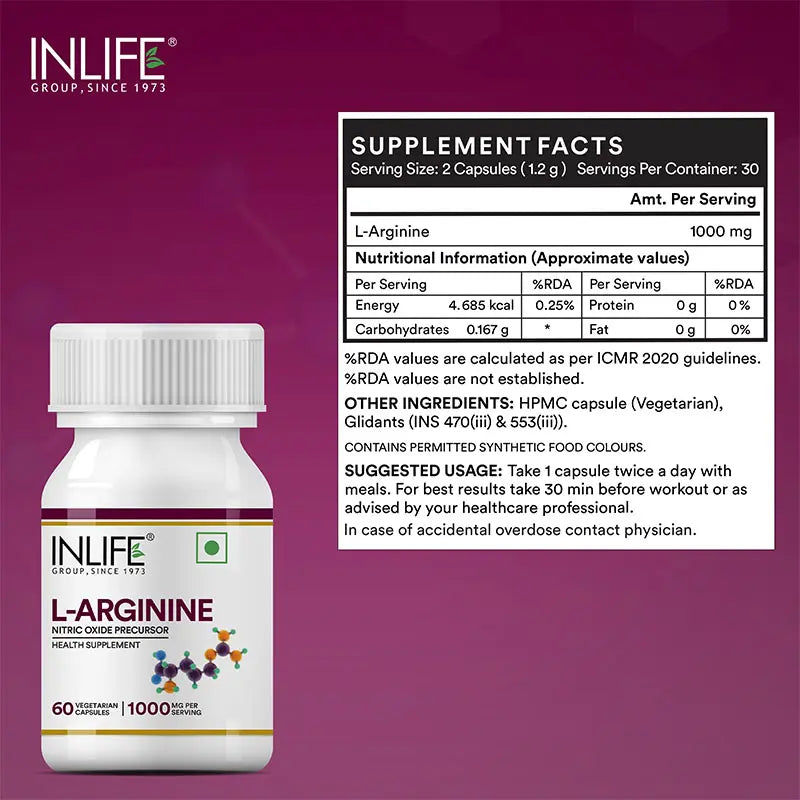 Inlife L-Arginine (1000mg) Serving Supplement | Veg. Capsules - 3