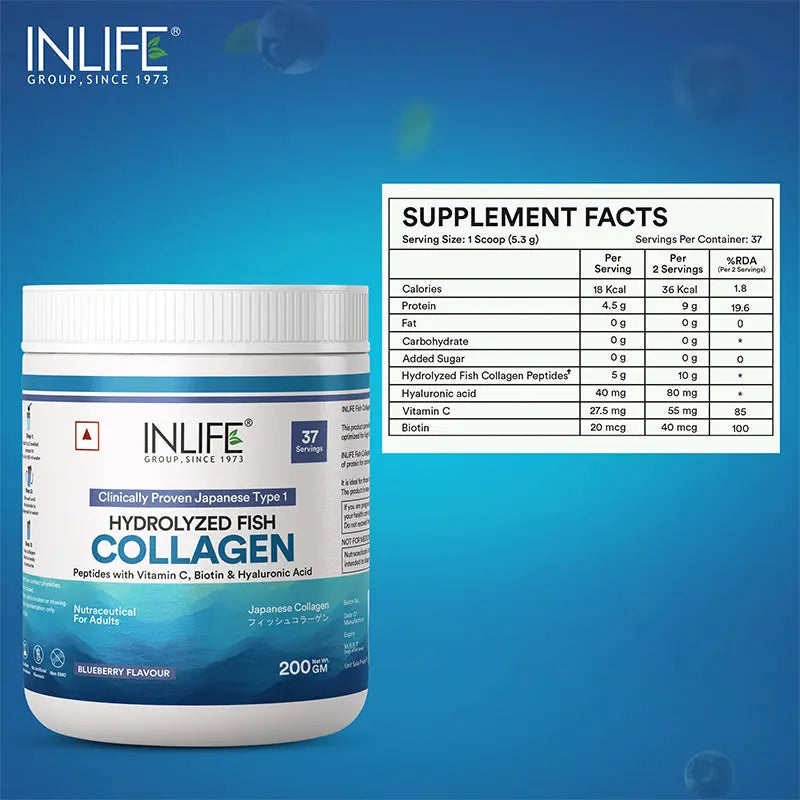 Inlife Japanese Marine Fish Collagen Supplements for Women & Men | Clinically Proven Ingredient | 200g Powder