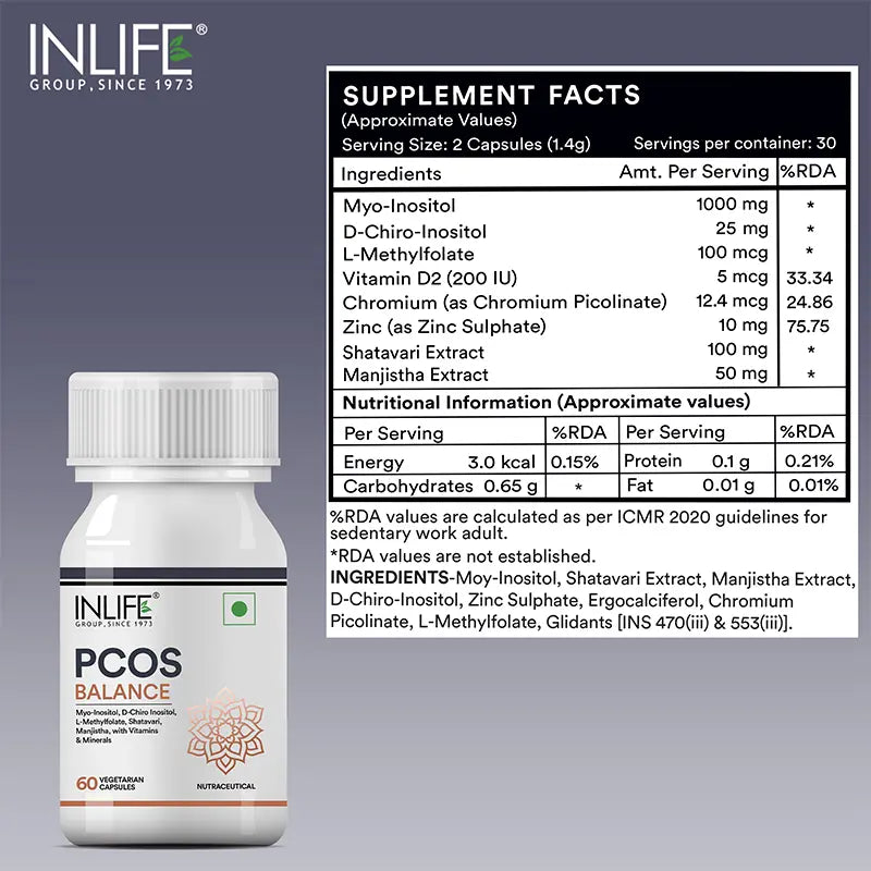 Inlife PCOS Balance Supplement for Women | 60 Veg. Capsules