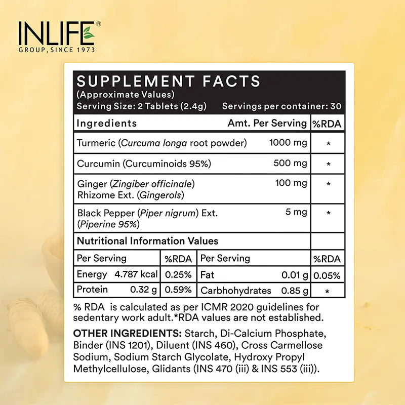 Inlife Turmeric Curcumin Supplement with Ginger & Black Pepper | 1605 mg per Serving | Natural Antioxidant Formula | Vegetarian Tablets - 3