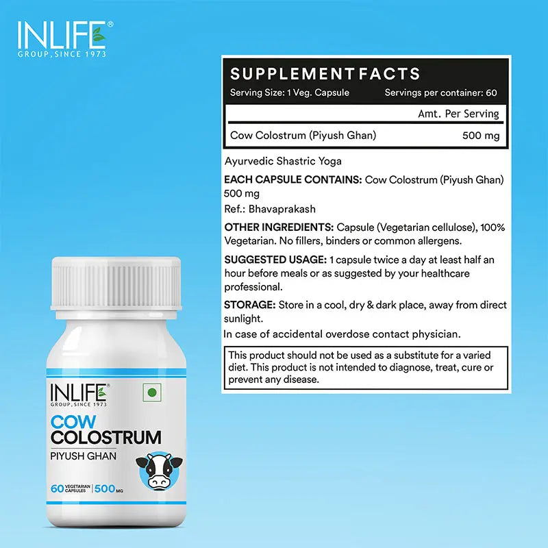 Inlife Cow Colostrum Supplement, 500mg | 60 Veg. Capsules