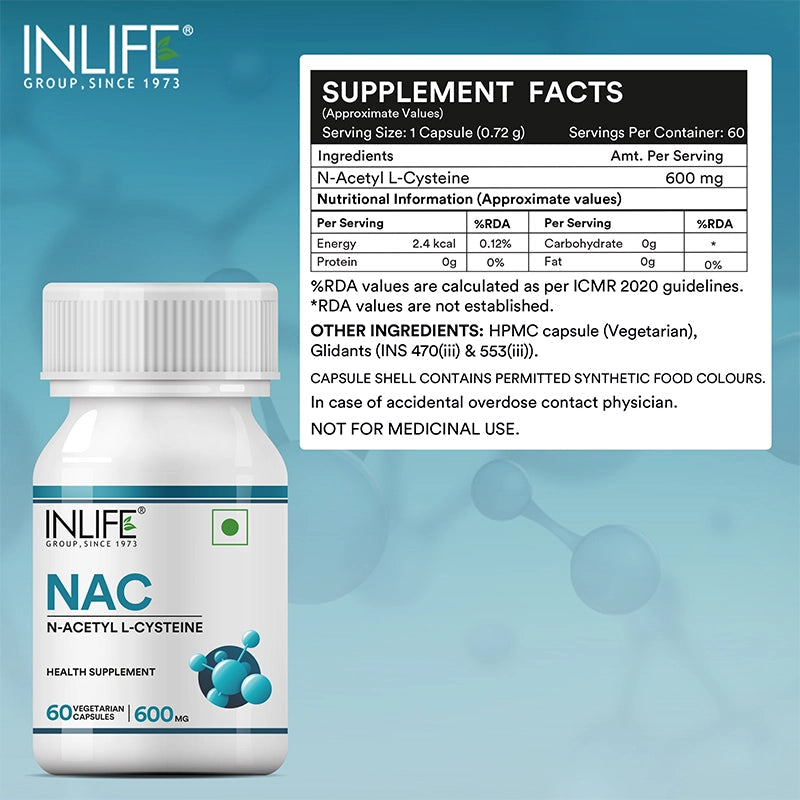 Inlife N-Acetyl Cysteine (NAC) Supplement 600mg | Supports Liver & Respiratory Health | Veg. Capsules - 3