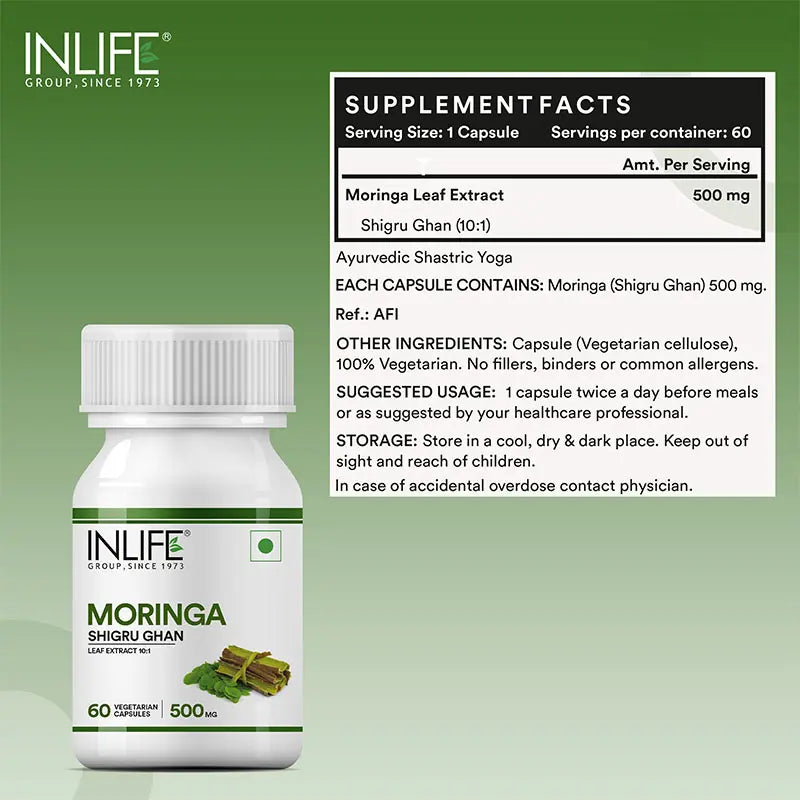 Inlife Moringa Leaf Extract Supplement | 500 mg | 60 Veg. Capsules.