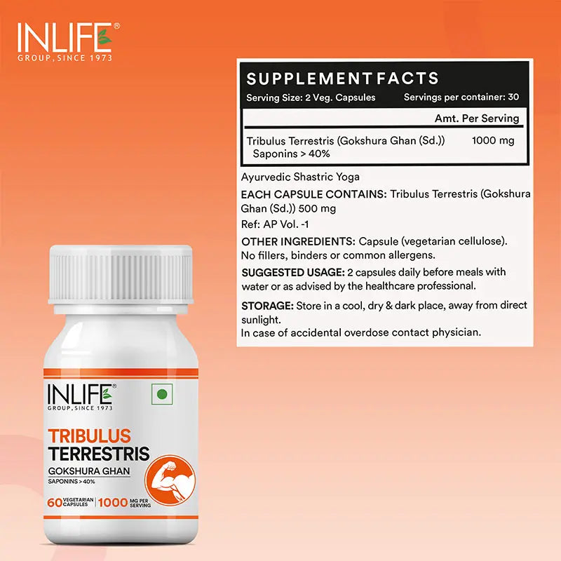 Inlife Tribulus Terrestris Extract (Gokshura) Supplement | 500mg | Veg. Capsules - 3