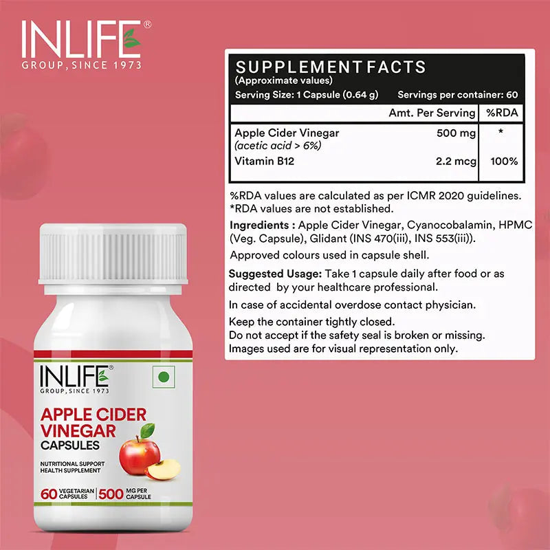 Inlife Apple Cider Vinegar Supplement, 500mg | 60 Vegetarian Capsules