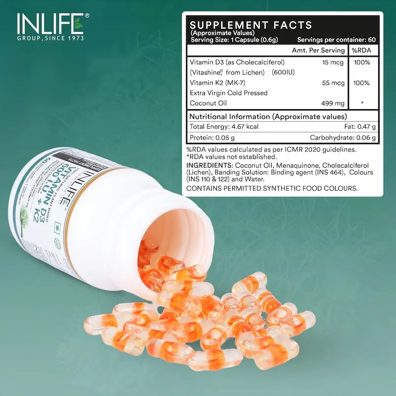 Inlife Vitamin B12 (RDA) Tablets + Vitamin D3 600 IU with K2 - MK7 Capsules | Vegeterian Combo Pack