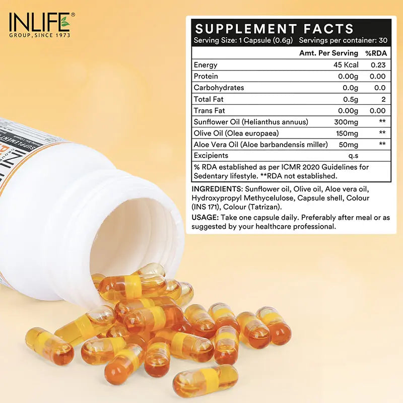 Inlife Plant Based Natural Vitamin E Capsules, Sunflower, Olive & Aloe Vera Oils | 30 Veg. Capsules