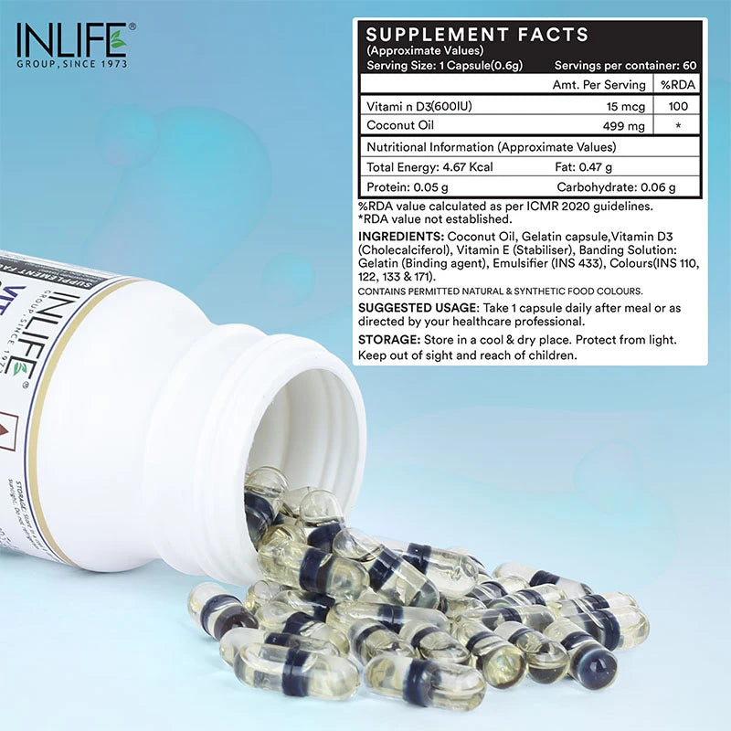 Inlife Vitamin D3 600 IU Cholecalciferol Capsules - 3
