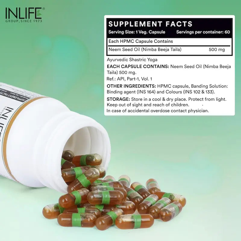 Inlife Neem Seed Oil Supplement | 500mg | Veg. Capsules - 3
