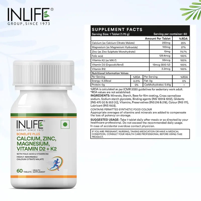 Inlife Bonelife Plus Formula | Calcium Citrate Malate, Magnesium, Zinc, Folic Acid, Vitamin D2, K2 & B12 | Supports Bone & Nutritional Health 60 Tablets