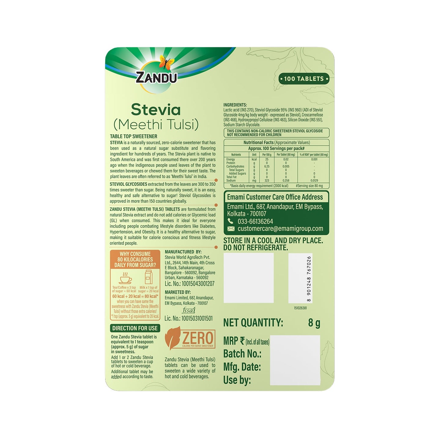 Zandu Stevia Tablets (Meethi Tulsi) 100 Tablets