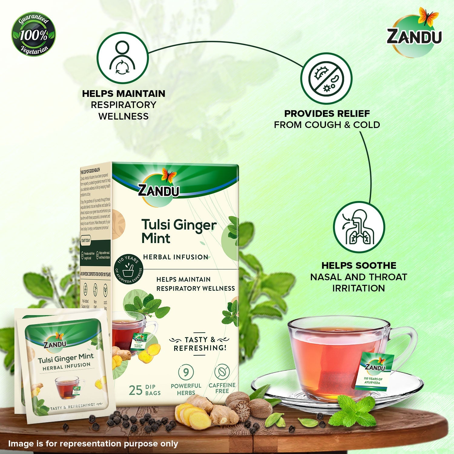 Zandu Tulsi Ginger Mint Tea - Cold & Cough Relief 25 Teabags (Pack Of 2)
