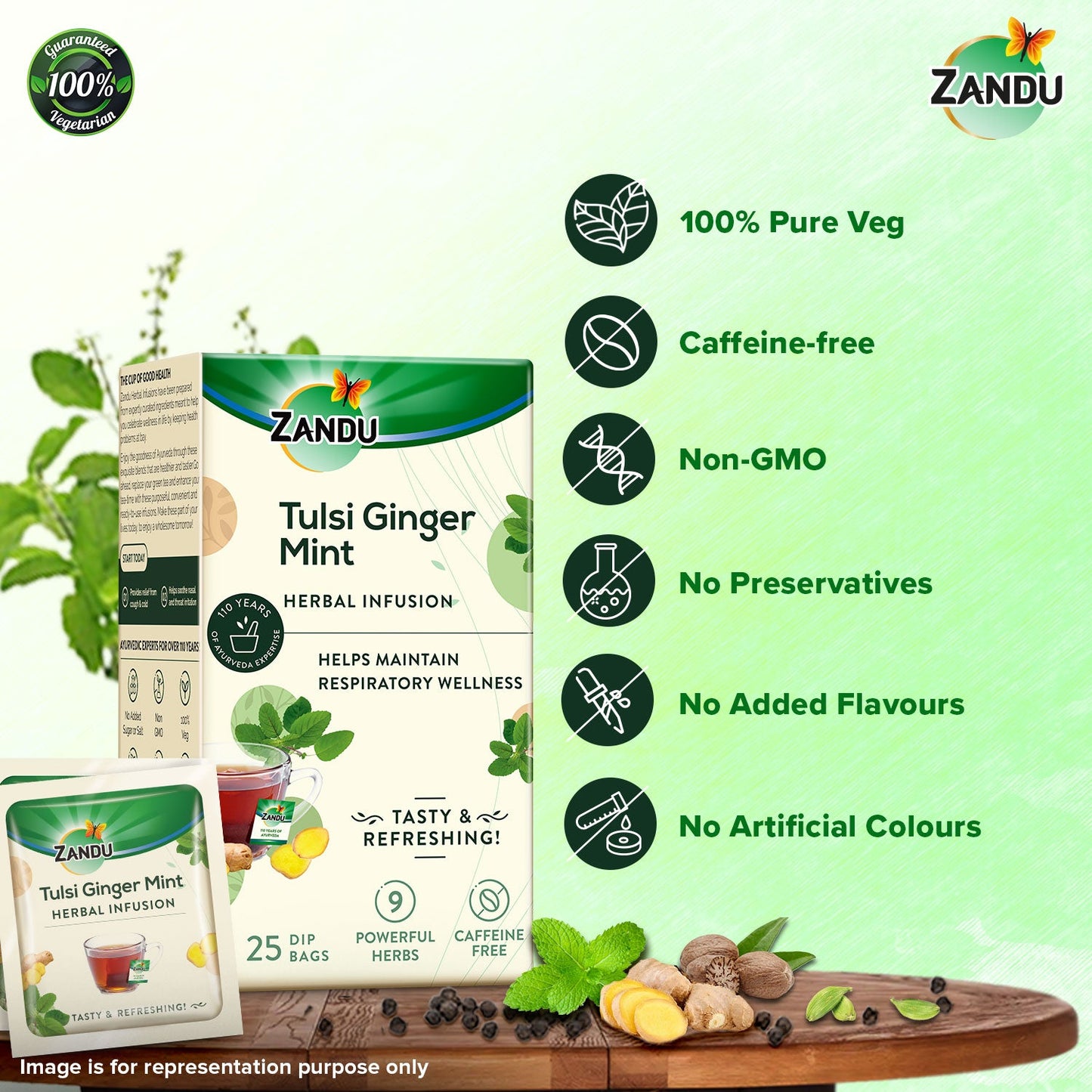 Zandu Tulsi Ginger Mint Tea - Cold & Cough Relief 25 Teabags (Pack Of 2)