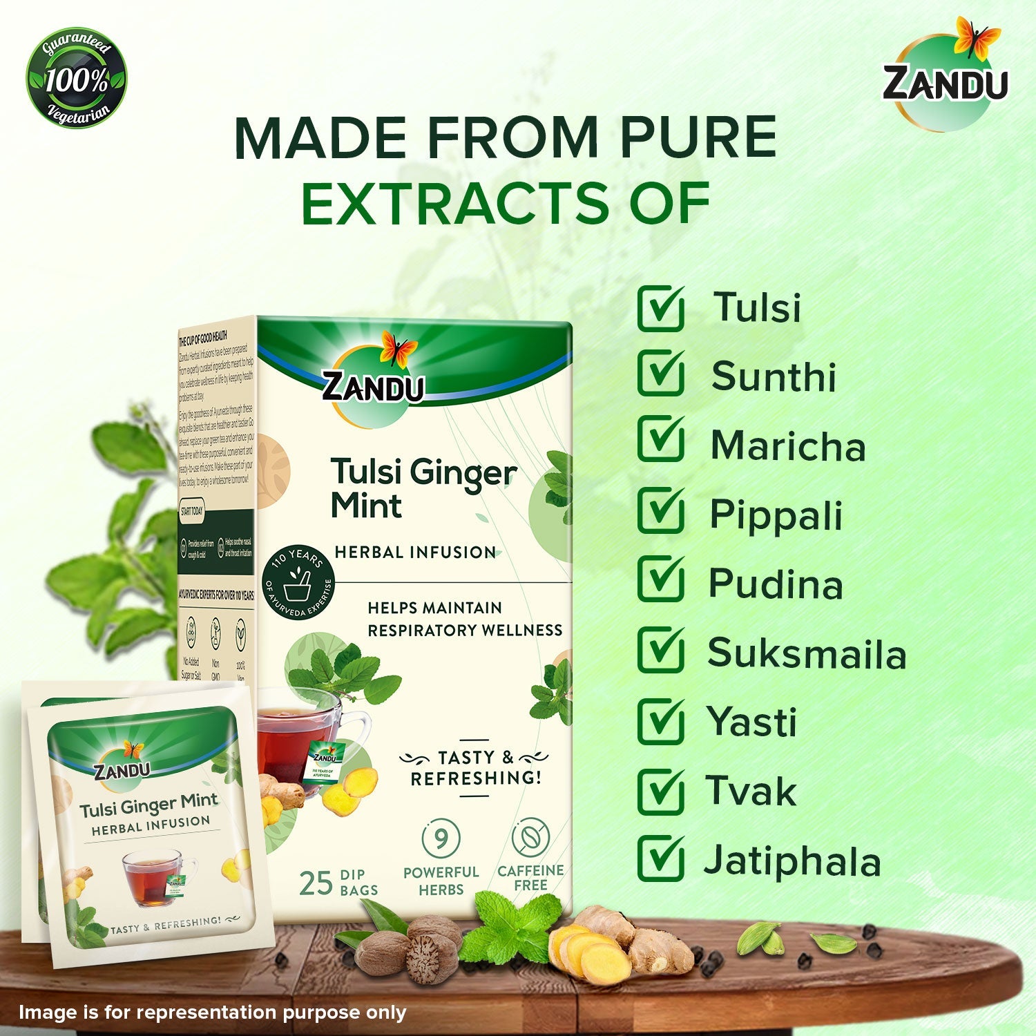 Zandu Tulsi Ginger Mint Tea - Cold & Cough Relief 25 Teabags (Pack Of 2)