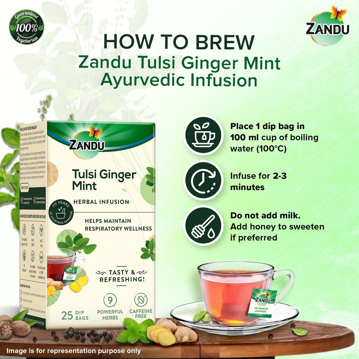 Zandu Tulsi Ginger Mint Tea - Cold & Cough Relief 25 Teabags (Pack Of 2)