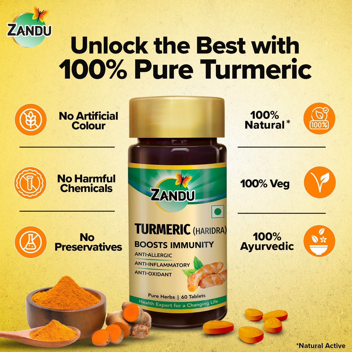 Zandu Turmeric Tablets for Immunity & Inflammation Relief (60 Tabs)