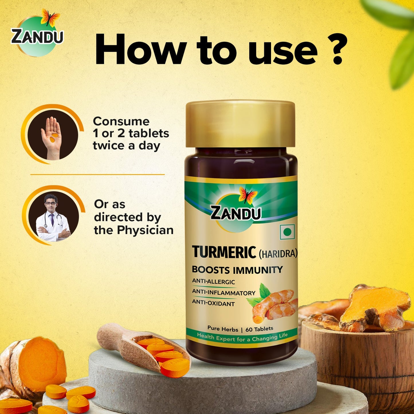 Zandu Turmeric Tablets for Immunity & Inflammation Relief (60 Tabs)