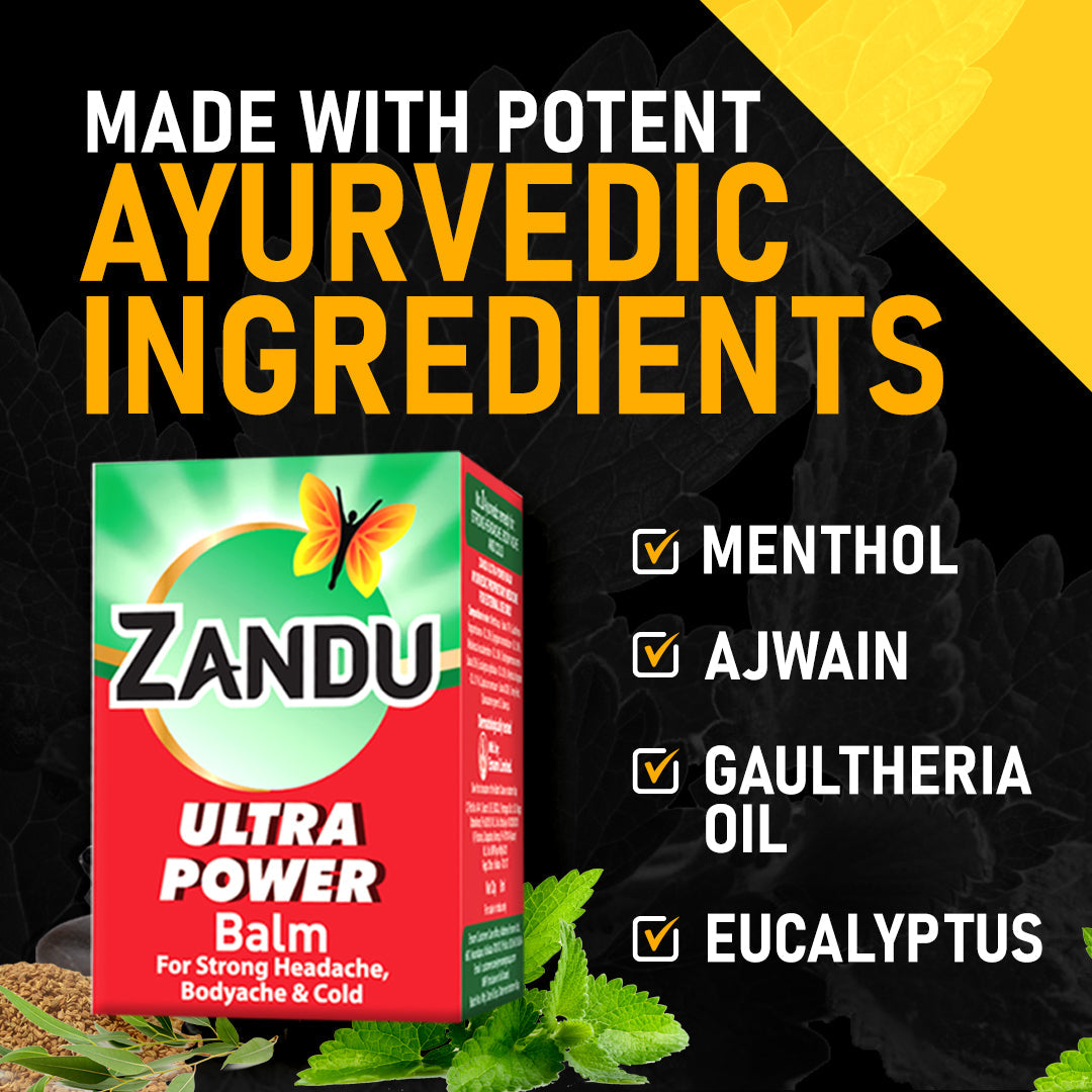 Zandu Ultra Power Red Balm | Ayurvedic Pain Relief Balm for Headache, Cold & Back Pain 8ml (Pack of 4)