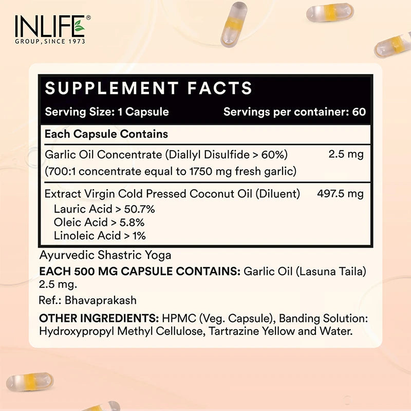 Inlife Garlic Oil with Cold Pressed Coconut Oil Capsules - Dual Action Formula | High Potency Diallyl Disulfide & MCTs | 60 Vegetarian Capsules
