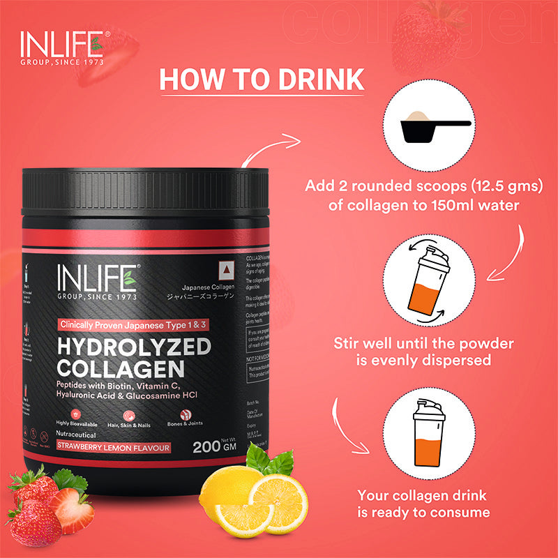 Inlife Hydrolyzed Japanese Collagen Peptides | with Biotin, Hyaluronic Acid & Glucosamine HCl | 200g Powder