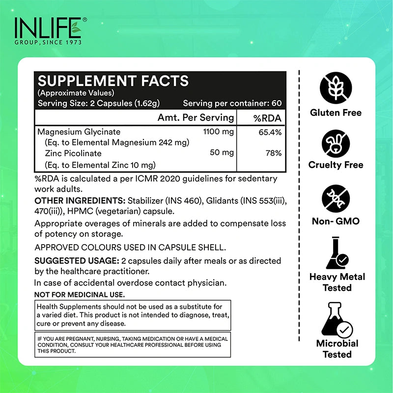 Inlife Magnesium Glycinate with Zinc Supplement 30 Veg. Capsules