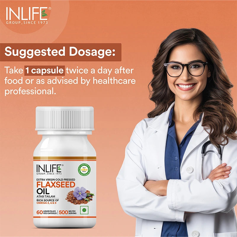 Inlife Flaxseed Oil Omega 3, 6, 9 Fatty Acids Supplement | 500mg | Veg. Capsules - 4