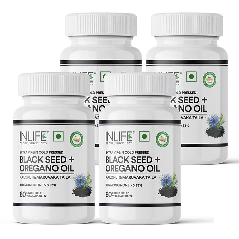Inlife Black Seed Oil (480 mg) & Oregano Oil (20 mg, 50:1) Capsules, Extra Virgin Cold-Pressed | Thymoquinone > 0.83% | Carvacrol > 80% | Liquid-Filled 60 Veg Capsules