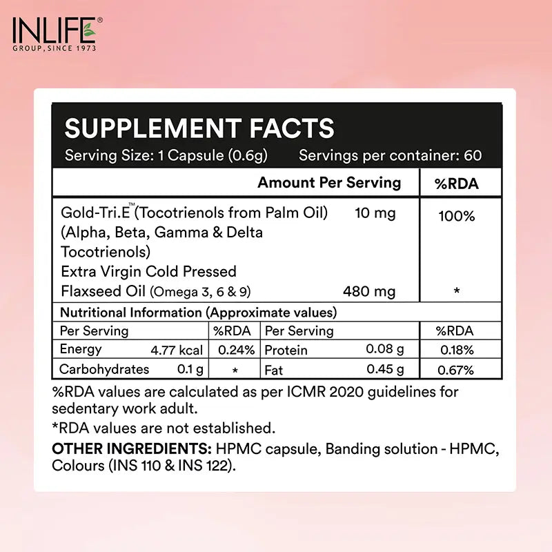 Inlife Tocotrienol Oil 10mg (Gold Tri.E™) & Flaxseed Oil 480mg Capsules | Extra Virgin Cold-Pressed Oil Omega-3, 6 & 9 |Plant-Based Formula| Veg Capsules - 3