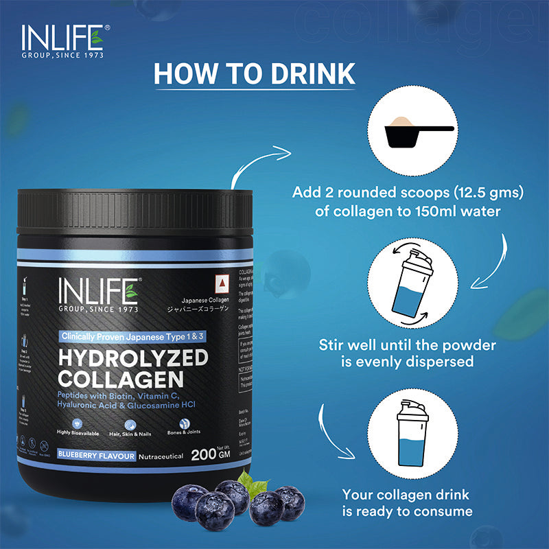 Inlife Hydrolyzed Japanese Collagen Peptides | with Biotin, Hyaluronic Acid & Glucosamine HCl | 200g Powder