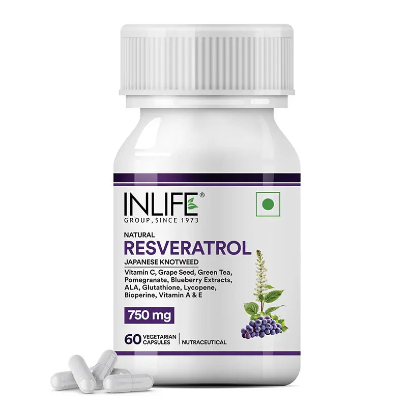 Inlife Natural Resveratrol Japanese Knotweed 750 mg | Antioxidant-Rich Supplement with Grape Seed, Green Tea, Vitamin C, L-Glutathione & Bioperine | 60 Veg Capsules