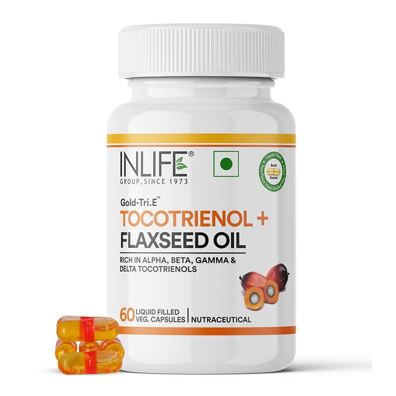 Inlife Tocotrienol Oil 10mg (Gold Tri.E™) & Flaxseed Oil 480mg Capsules | Extra Virgin Cold-Pressed Oil Omega-3, 6 & 9 |Plant-Based Formula| 60 Veg Capsules