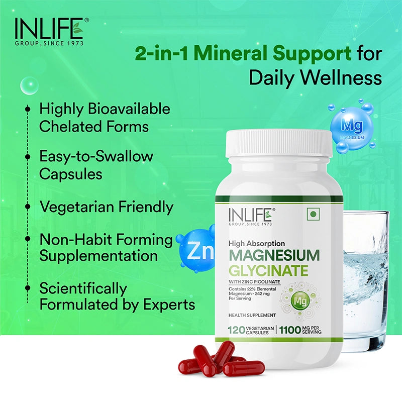 Inlife Magnesium Glycinate with Zinc + Inlife Vitamin D3 600 with K2 - MK7 Combo Pack