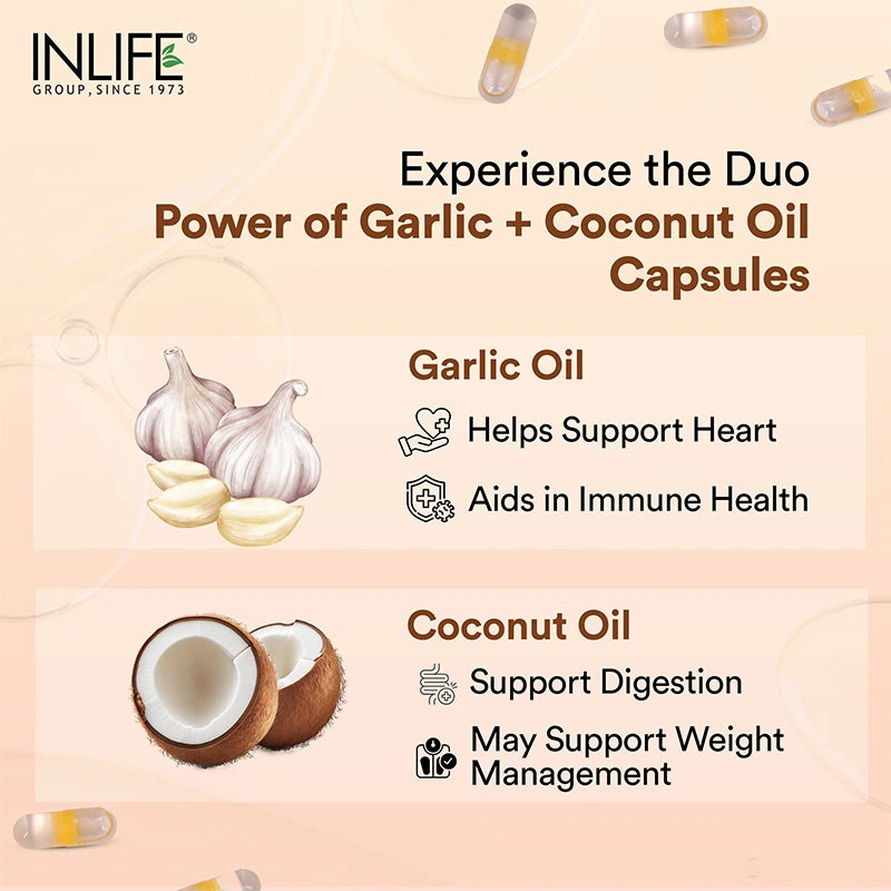 Inlife Garlic Oil with Cold Pressed Coconut Oil Capsules - Dual Action Formula | High Potency Diallyl Disulfide & MCTs | 60 Vegetarian Capsules