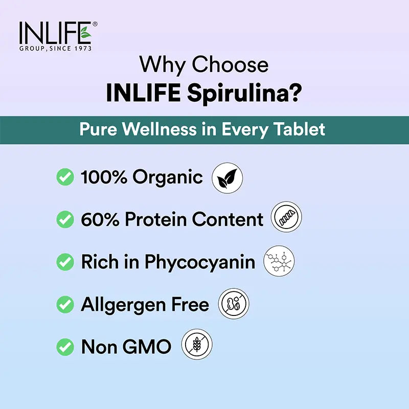 Inlife Spirulina | Organic Blue - Green Algae Superfood with Phycocyanin & Antioxidants | 500mg (60 Tablet)