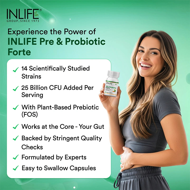 Inlife Prebiotic & Probiotics Forte | 25 Billion, 14 Probiotic Strains | 60 Veg. Capsules