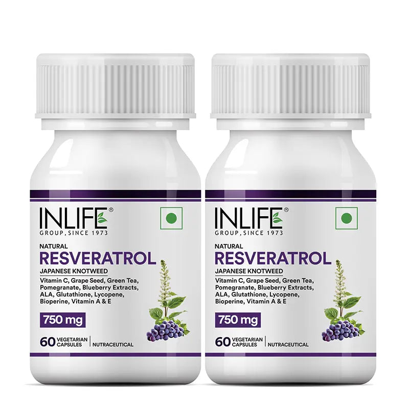 Inlife Natural Resveratrol Japanese Knotweed 750 mg | Antioxidant-Rich Supplement with Grape Seed, Green Tea, Vitamin C, L-Glutathione & Bioperine | 60 Veg Capsules