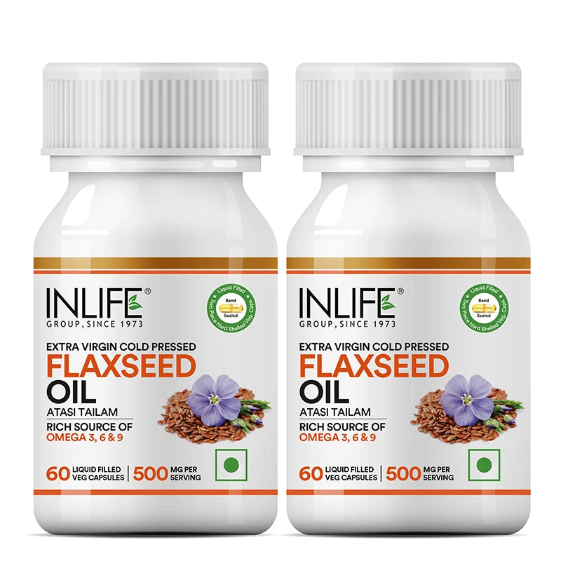 Inlife Flaxseed Oil Omega 3, 6, 9 Fatty Acids Supplement | 500mg | 60 Veg. Capsules