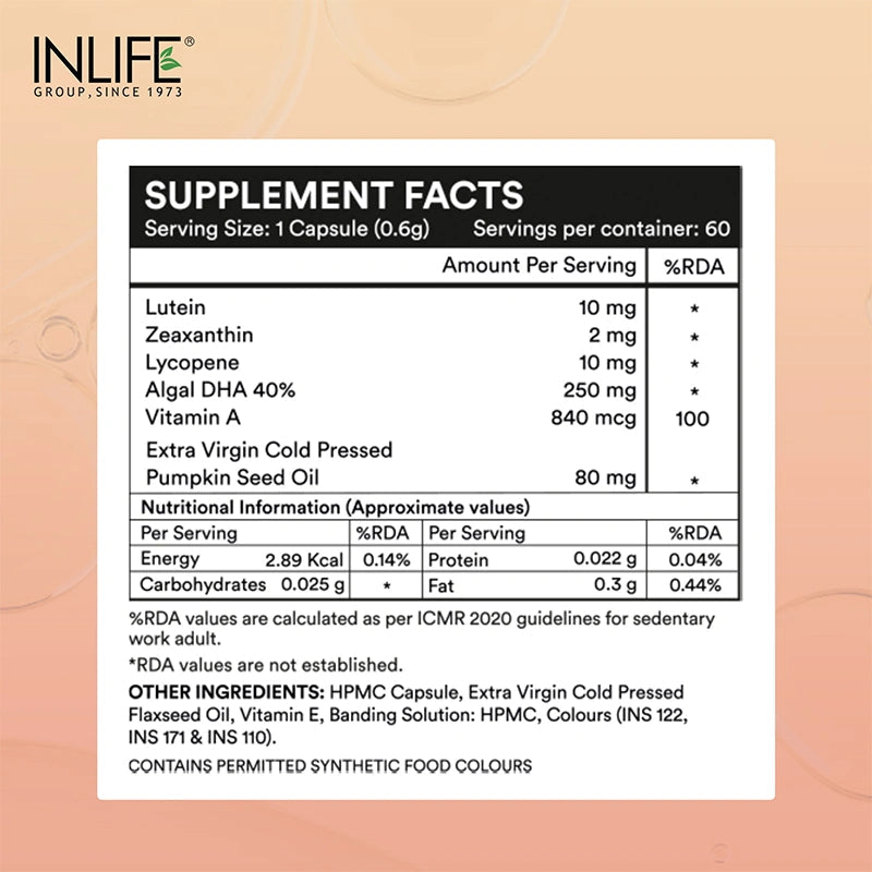 Inlife Natural Lutein & Zeaxanthin Liquid Filled 60 Veg. Capsules | Eye Health & Antioxidant Support
