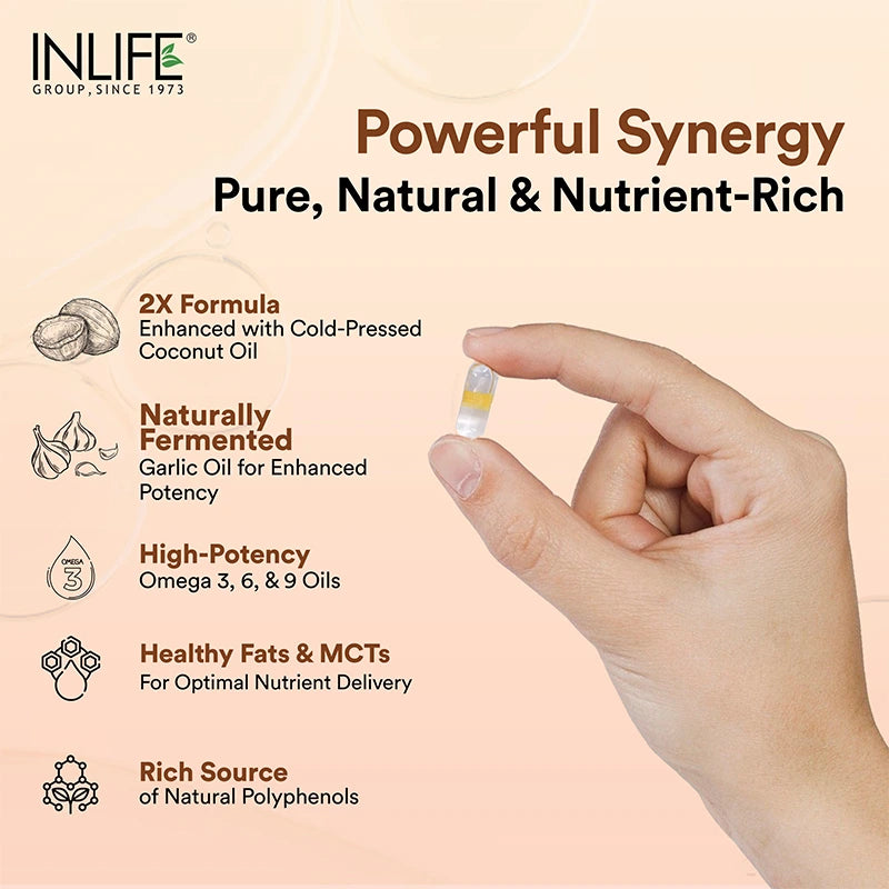 Inlife Garlic Oil with Cold Pressed Coconut Oil Capsules - Dual Action Formula | High Potency Diallyl Disulfide & MCTs | Vegetarian Capsules - 6